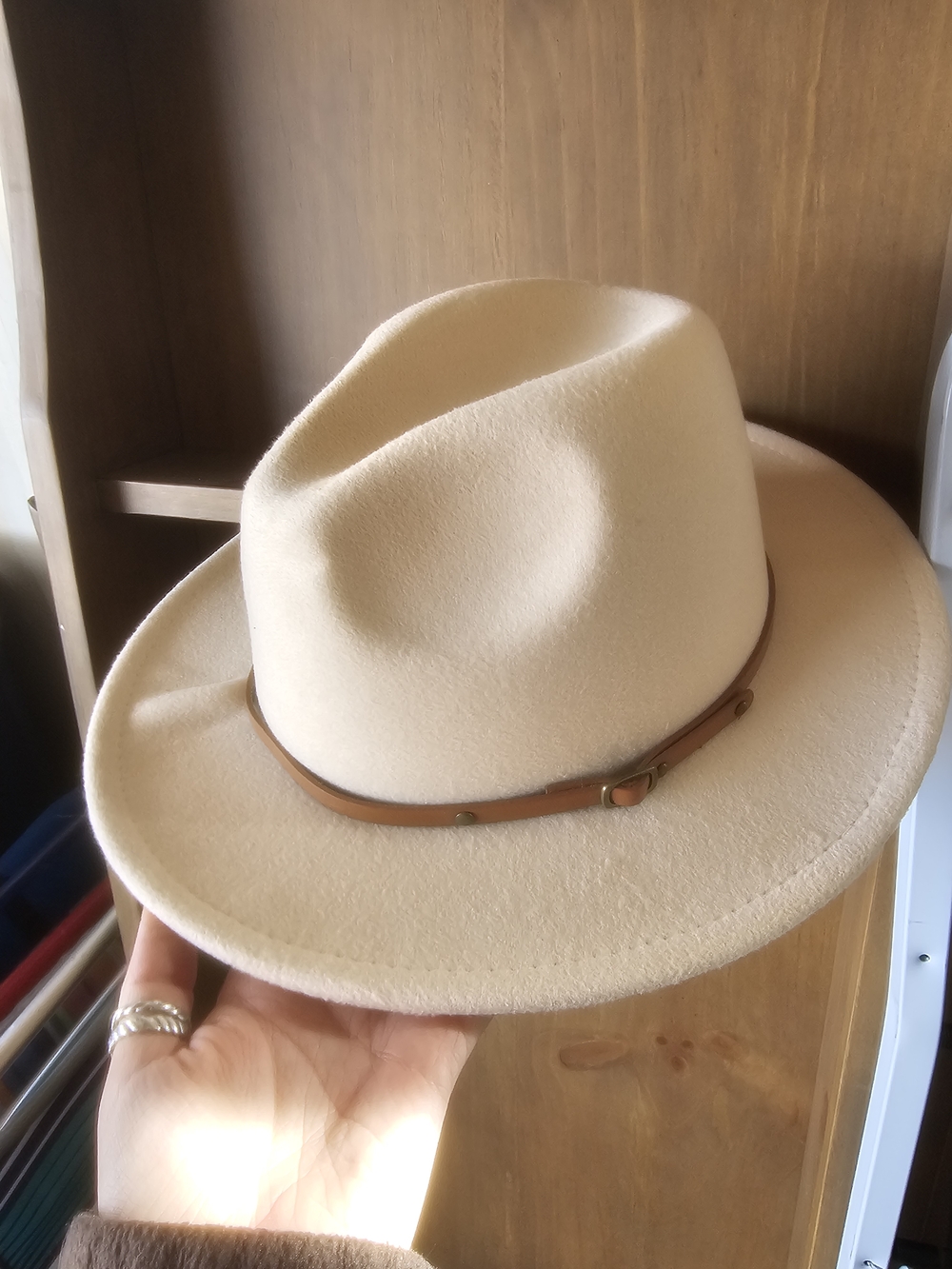 Cream Felt Fedora with Brown Leather Band
